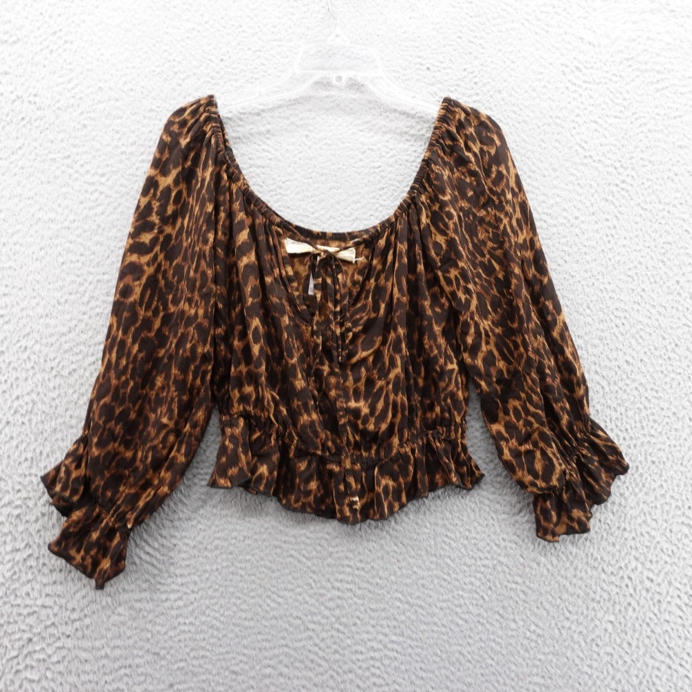 Free People Pirates Booty Leopard Smocked Crop Blouse Brown XS/S Balloon Sleeve